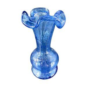 Vintage Hand Blown Cobalt Blue Bud Vase Ruffled Edges Hand Made Glass Decor VTG